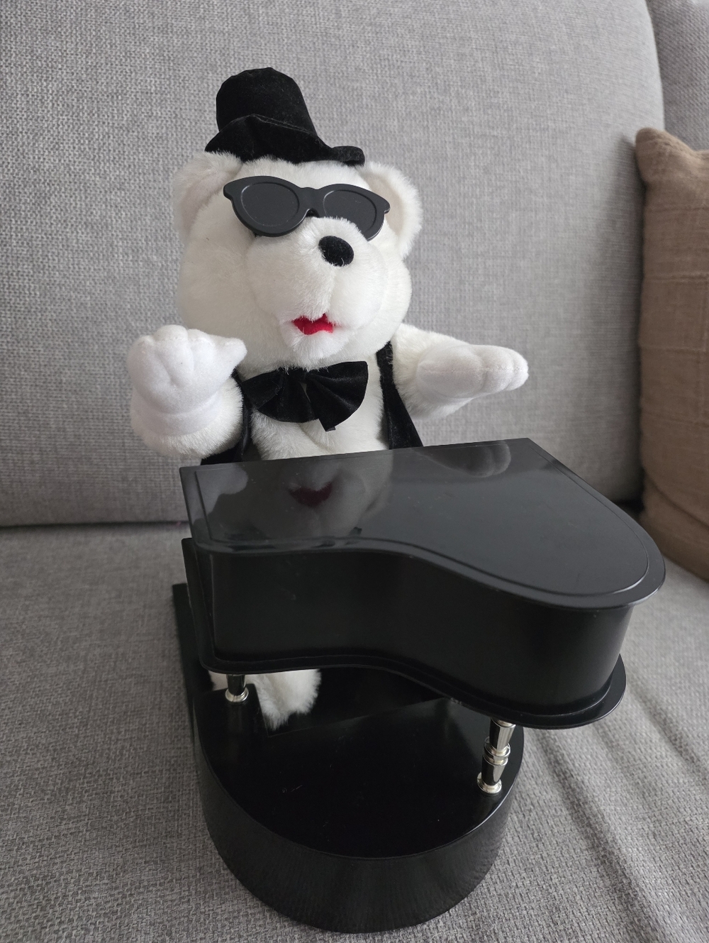 White Plush Bear Pianist Toy with Black Hat & Sunglasses